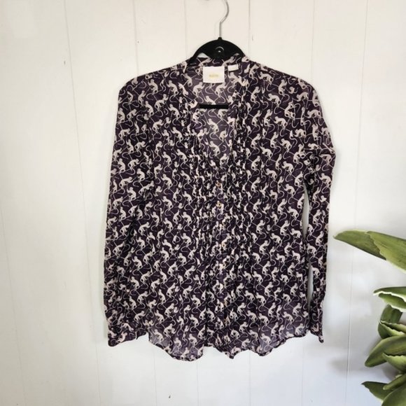 Anthropologie | Purple and White Blouse With Monkey Print Sz 8 - Picture 4 of 15